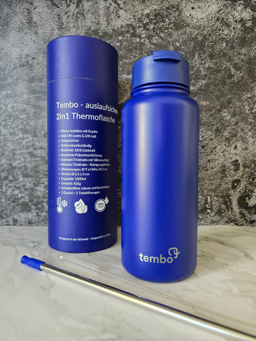 Tembottle Trisolation – Dreifach Isolierte Edelstahlflasche in Dunkelblau - 1000ml
